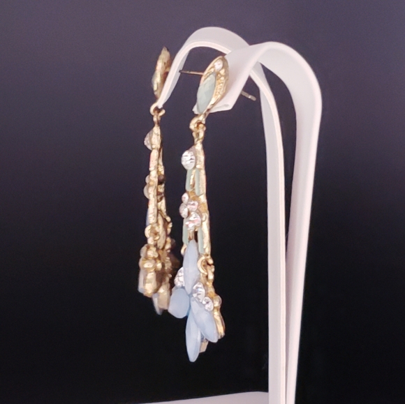 Crystal Floral Rhinestone Cluster Dangle Drop Earrings 3" - Picture 2 of 5